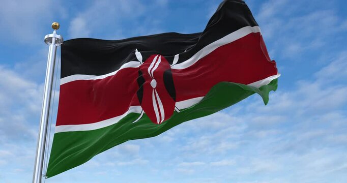 Kenya flag with flagpole waving in wind, rolling clouds background looping, 4K video (Perfect Loop)