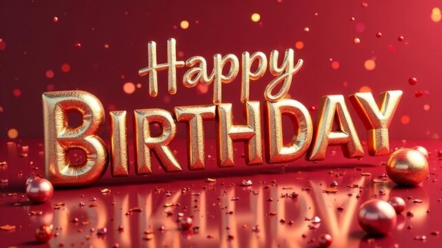 Golden happy birthday text with festive red background and shiny confetti balls.