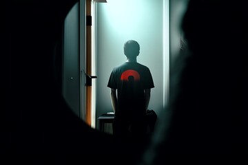 Fototapeta premium Silhouette of a man standing in a dimly lit doorway, creating a mysterious and contemplative atmosphere.