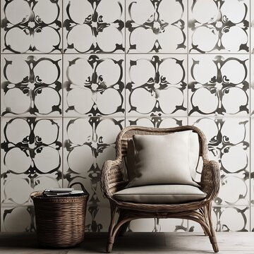 Modern Interior Design with Patterned Tiles and Rattan Furniture: Elevate Your Living Room Decor with Neutral Textures and Stylish Wall Art for a Cozy Atmosphere