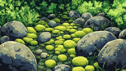 Nature scene mossy stream bed. Lush greenery surrounds a rocky stream bed covered in vibrant moss