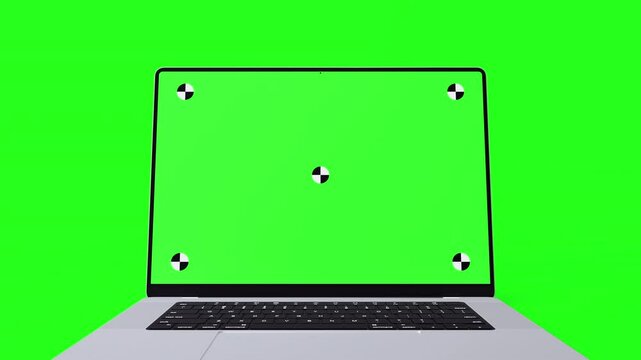 3d render of a laptop opening on a green background with camera rotate