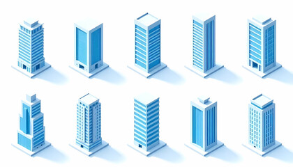 A collection of blue isometric buildings, showcasing modern city architecture concepts and design elements.