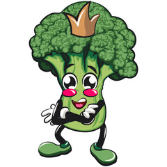 Cute broccoli vegatable vektor illustration mascot character crowned like a king while folding his arms calmly, work of hand drawn