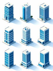 A collection of isometric skyscrapers of various designs, set against a clean white background.