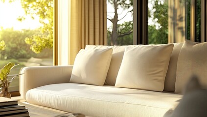 Fototapeta premium Sunlight streams into a modern living room, highlighting a comfortable cream sofa