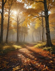 Fototapeta premium Sun-dappled autumn leaves in a dense deciduous forest clearing , habitat, trees, grove
