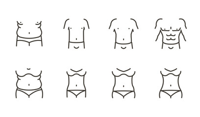 Male and female body shape icon set. Thin line editable stroke icons for body types, fitness, weight, anatomy. Outline illustrations for fitness progress, weight loss, physique transformation