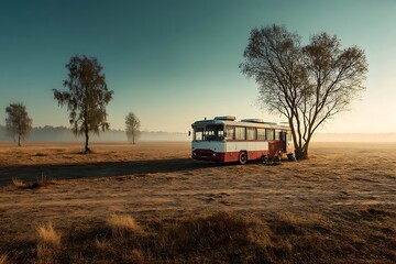 Fototapeta premium A vintage red and white bus parked in a field with a golden hour sky, surrounded by bare trees and a tranquil atmosphere, showcasing the serenity of the countryside.