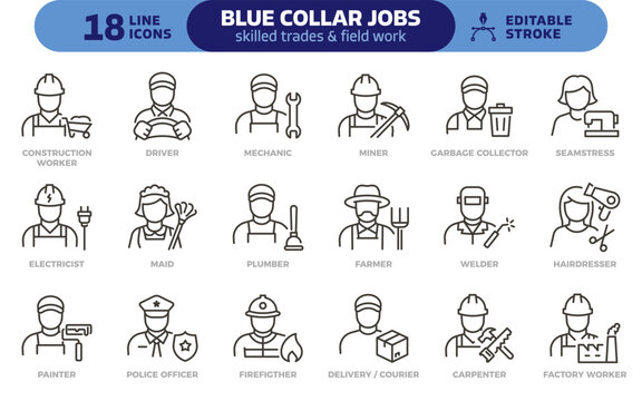 Blue collar jobs icon set. Thin line editable stroke icons for skilled trades, manual labor, essential workers, industry, public services, and field operations