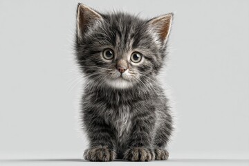 A playful gray kitten with big eyes sits alert on a simple background, showing its cuteness