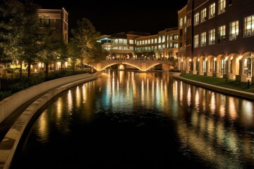 Fototapeta premium Nighttime Serenity Along The Woodlands Waterway: A Cityscape of River Reflections and Architectural Wonders