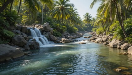 Serene Waterfall Oasis: Tropical Paradise in Lush Greenery