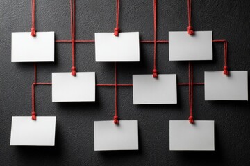 Blank cards are connected with red strings in a creative layout on a dark surface