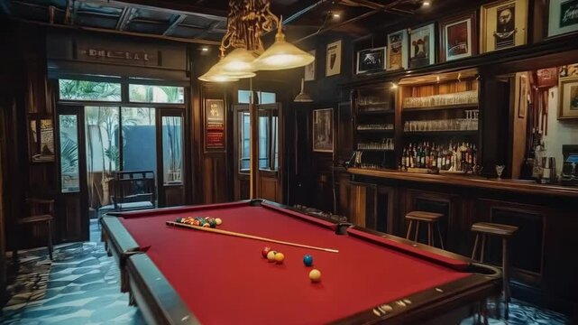 Cozy game room with a red-felt pool table under warm lighting.
