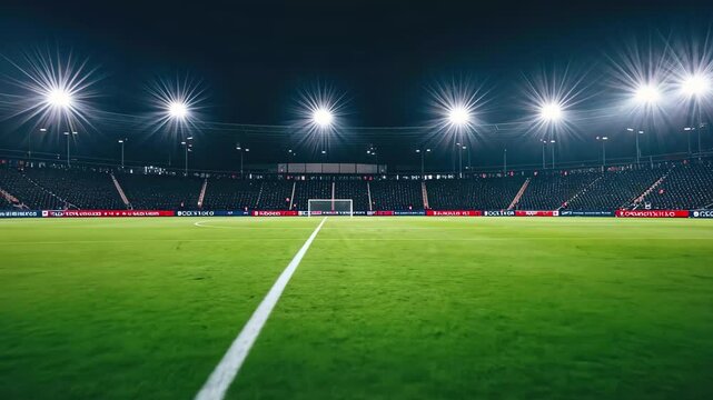 Nighttime view of a stadium illuminated with bright lights during a sporting event, A nighttime view of a stadium with bright lights illuminating the green field