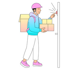 A delivery person rings the doorbell while holding packages ready for delivery at the home