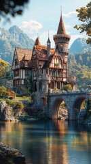 Naklejka premium Rustic fairytale castle by a serene river