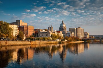 Obraz premium Vibrant Skyline of Harrisburg, PA: A Captivating View of the Downtown Landscape and Capitol