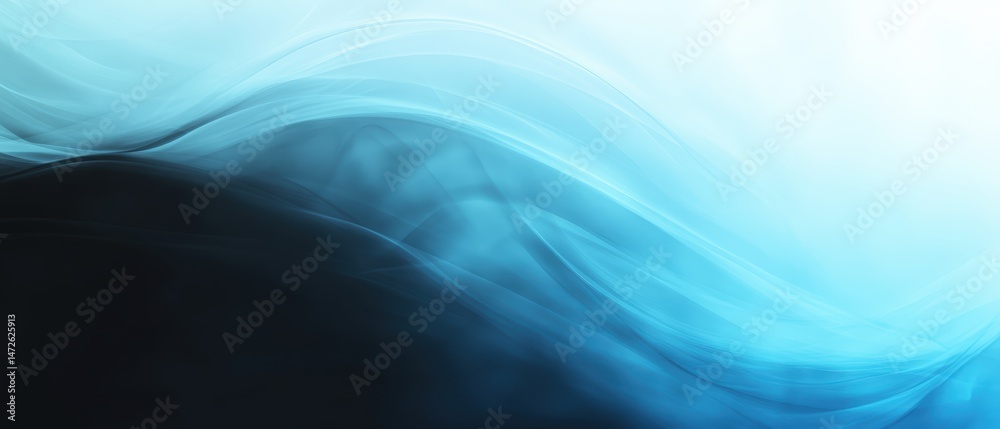 Poster abstract flowing blue and black wave design with smooth curves and gradient shades creating a modern