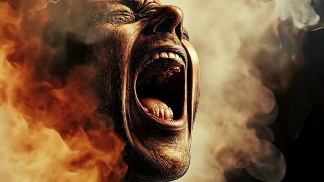 Exalted man expressing intense emotions in a dramatic, dark atmosphere filled with swirling smoke, Exalted man shouting
