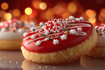Close-up of festive Christmas cookie with red icing and sprinkles
