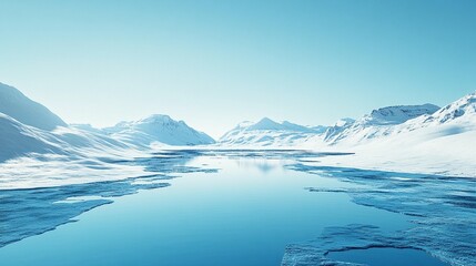 Fototapeta premium Frozen landscape with a tranquil blue lake nestled between snow-capped mountains under a bright sky
