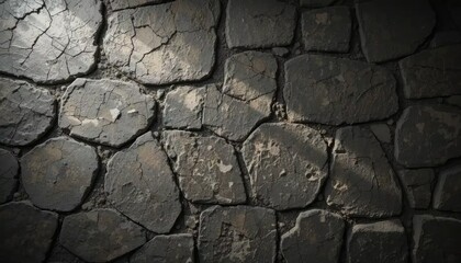 Fototapeta premium Textured Stone Wall: A Dark, Cracked Cobblestone Surface