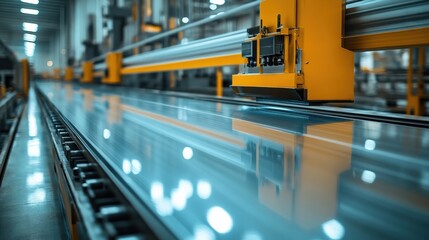 Automated production line machinery with reflective surface and industrial workflow