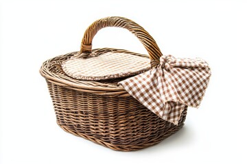 Obraz premium Wicker picnic basket with cloth on white background