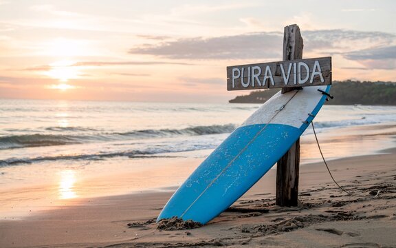 summer, Costa Rica, Sunset Beach Surfboard Pura Vida Sign