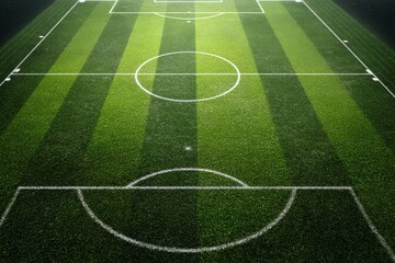 Obraz premium Aerial view of a lush, green soccer field under sunlight.