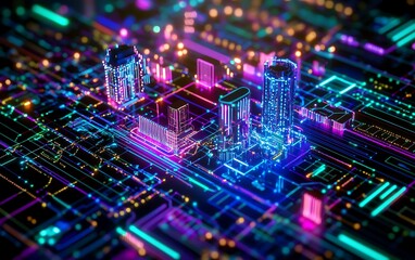 Fototapeta premium Digital cityscape on a circuit board