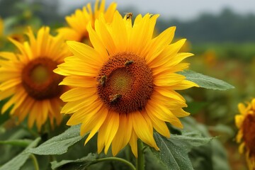 Obraz premium Majestic Sunflowers Amidst a Summer Rain, Buzzing Bees in a Lush Farmland Landscape
