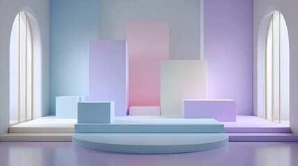 Geometric Pastel Stage Design with Light Blue and Lavender Colors