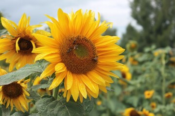 Obraz premium Vibrant Giant Sunflowers Surrounded by Bees Against a Rainy Summer Countryside Backdrop