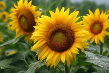 Obraz premium Vibrant Sunflowers in Bloom with Bees Amidst Summer Rain on Charming Farmland