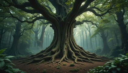 Ancient Forest: Majestic Tree in Misty Woodland