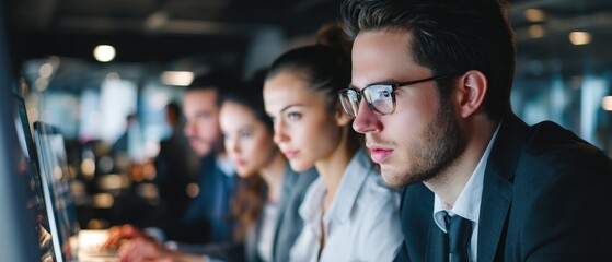 Focused professionals working on computers in an office setting.