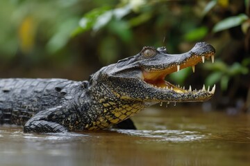 Obraz premium Majestic Black Caiman with Jaw Wide Open in Lush Amazon Rainforest of Ecuador's Yasuni National Park
