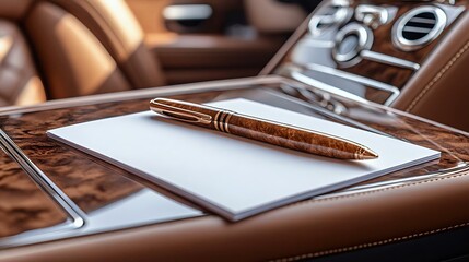 Luxurious interior car console featuring a sleek pen and blank notepad, epitomizing elegance and sophistication in automotive design.