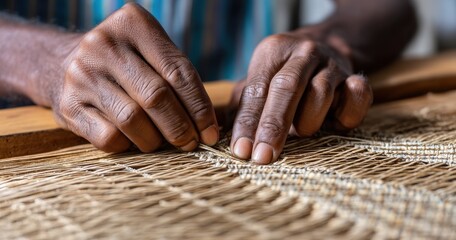 Close-up of hands weaving natural fibers.
