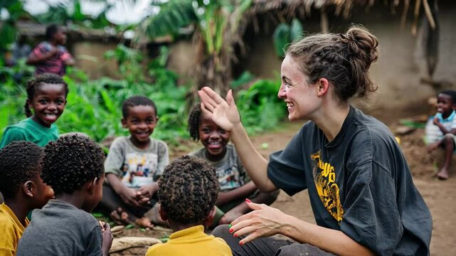 Charity worker engages with children in a rural African community, Charity worker playing with children from a poor African community EDITORIAL