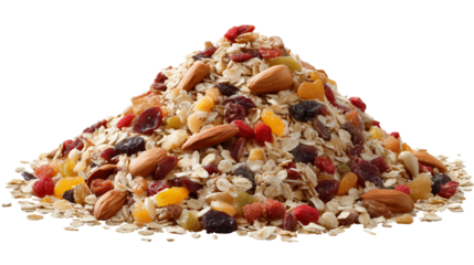 A arranged mound of multigrain muesli with nuts and dried fruits isolated on transparent background (4)