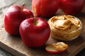 Delicious Red Apples Paired with Creamy Brown Peanut Butter for a Healthy Snack
