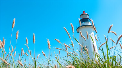 Fresh, clean photo with blue sky, reeds of grass in the foreground and a Nova Scotian lighthouse as the focal point