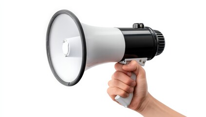 Hand holding a black and white megaphone against white background.
