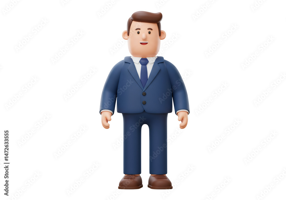 Fototapete 透明な背景に青いスーツを着た3dレンダリングのビジネスマン 全身で立つ漫画のキャラクター