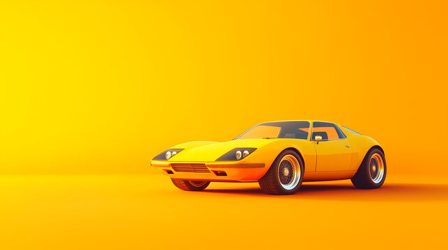 Fototapeta A bright yellow vintage car stands against a vivid orange background.