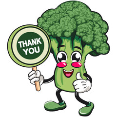 Cute broccoli vegatable vektor illustration mascot character carrying a sign saying thank you, work of hand drawn